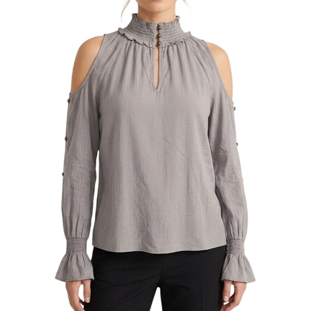 NWT Charming Charlie Smock Neck Keyhole‎ Cold Sleeve Gray Blouse Size Small